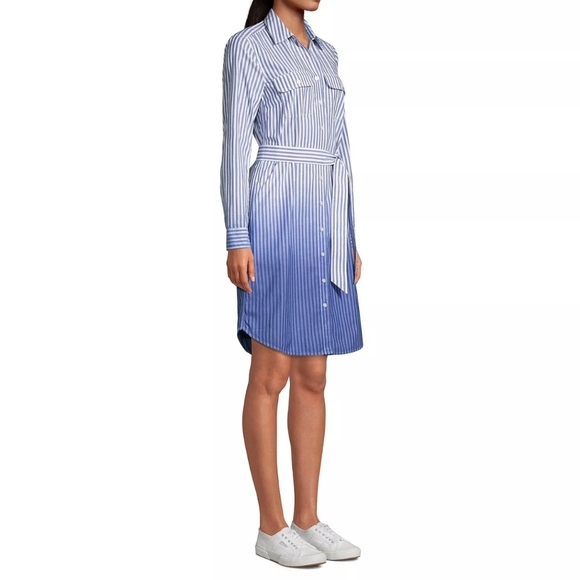 Lands End Womens Cotton Poplin Button-Down Shirt Dress, Cobalt Varsity Stripe 1X - Picture 3 of 10